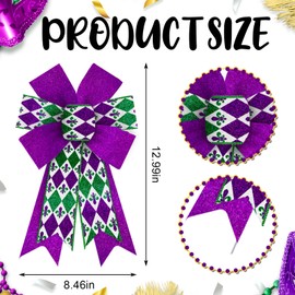 Estivaux 2 Pieces Mardi Gras Bows for Wreath, Mardi Gras Wreath Bows Green Buffalo Plaid Bows Glitter Purple Craft Bows Ornaments Farmhouse Tree Bows for Front Door Carnival Party Decorations