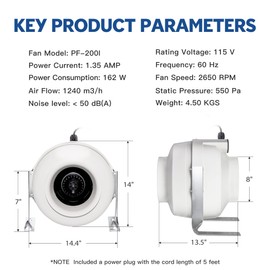 xyfair XYF Air PF-200 | Inline Duct Fan 8" 730CFM | Moisture Resistant Exhaut Fan For Ventilation System (Indoor/Outdoor)