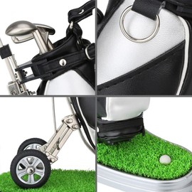 Golf Pen, 3 Pen Holder, Golf Prizes, Golf Favors, Golf Gifts, Table Stand, Mini PU with Golf Bag (Black+Silver with Grass))