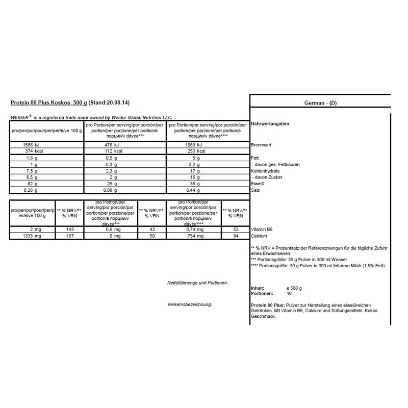 Weider Protein 80 Plus 2 x 500g Bags Pack of