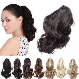 S-noilite Ponytail Extension Claw Curly Jaw Ponytails Hairpiece Short Pony Tail Claw in Hair Extensions Synthetic Fiber for Women 12 Inch Medium Brown