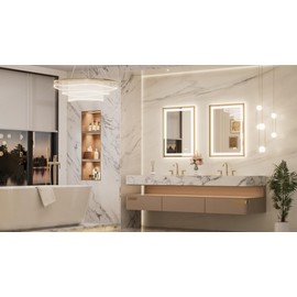 Keonjiinn 24 x 32 Inch LED Bathroom Mirror with Frontlit & Backlit, Gold Lighted Bathroom Vanity Mirror, Metal Framed Beveled Edge, UL Listed LED Driver, Tempered Glass, 3 Color Lights, Safe Defogging