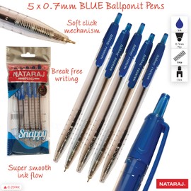 NATARAJ Snappy Ballpoint Pens, Retractable, BLUE, 0.7mm Fine Point, Pack of 5, Smooth Writing, Perfect School Office Home Use, ZOFAX Black Ball Pen