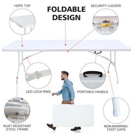 MIIUDGIG Portable 8Ft Plastic Folding Table, Heavy Duty 8ft Fold-in-Half Table with Carrying Handle, 8' Folding Utility Foldable Table for Picnic Party Camping Kitchen, Indoor/Outdoor (White)