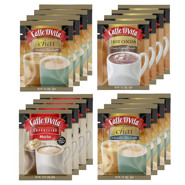 Caffe D'Vita Premium Instant Coffee Cappuccino Single Serve Assortment Pack - Spiced Chai Latte, Hot Cocoa, Mocha, Vanilla Chai Latte - 16 Envelopes (4 of Each Flavor)