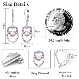 LOLIAS 925 Sterling Silver Heart Earrings for Women Girls Silver Hoop Earrings Multicoloured Zirconia Dangle Earrings Hypoallergenic Double Heart Huggie Hoop Earrings, Sterling Silver