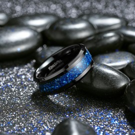 King Will Meteorite Tungsten Rings for Men 8mm Blue Opal Inlay Wedding Bands Black Plated Polished Beveled Edge Engagement Anniversary Comfort Fit Size 11