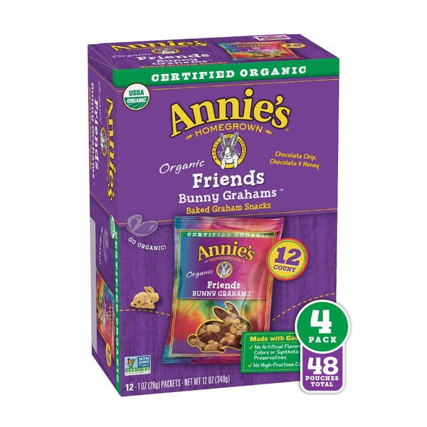 Annie's Organic Friends Bunny Graham Snacks, Chocolate Chip, Chocolate & Honey, 12 Packets (Pack of 4)