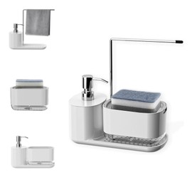 Dispensador de Jabón Cocina, 5 en 1 Jabonera para Cocina sin BPA con Esponjas, Bandeja, Soporte para Esponja y Toallero, Base Antideslizante, Distribu