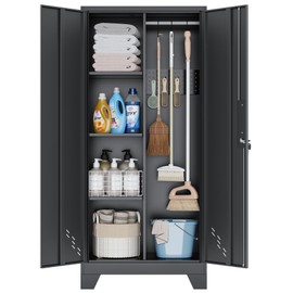 YILFANA 61" H Garage Cabinets, Metal Storage Cabinet with Lockable Doors and Pegboard, Utility Closet for Brooms and Mops, Tool Cabinets for Home Office Laundry Room Living Room