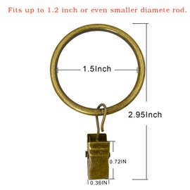 LLPJS 60 Pack Metal Curtain Rings with Clips, Curtain Clip Rings Hooks for Hanging Drapery Drapes Bows, Curtain Rod Rings 1.5 inch Interior Diameter, Bronze