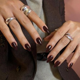 KQueenest Dark Brown Fall Press on Nails Short Almond, 30 Pcs Sturdy Fake Nails Short, Natural Fit Short Almond Nails Press ons, Solid Color Press on Acrylic Nails, Stick on Nails For Women Mani