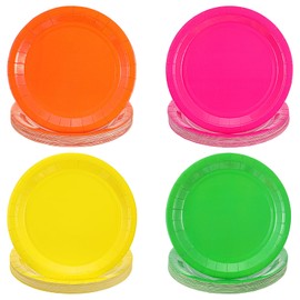 Meyeyaia 100pcs Disposable Colored Paper Plates, 7-Inch Bulk Neon Party Plates, Four Colors Available Paper Dessert Birthday Plate Neon Party Supplies for Birthdays, Dinners and Weddings