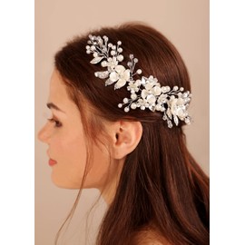 BERYUAN Bride White Flowers Leaves Pearls Crystal Rhinestone Hair Vine Teardrop Crystal Rhinestone Headband Silver Wedding Headpiece Pearls Crystal Wedding Hair Piece for Wedding Girls