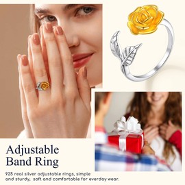 Suplight 925 Sterling Silver Rose Flower Ring Adjustable Open Promise Rings for Her