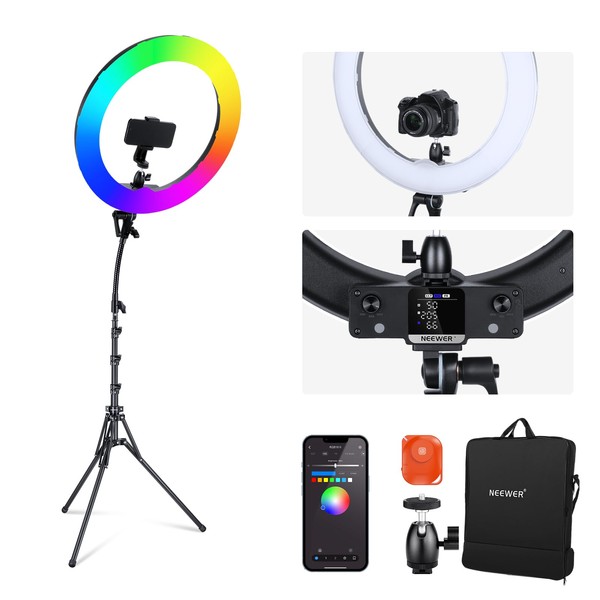 NEEWER 18 Inch RGB LED Ring Light with APP Control, 42W Dimmable 2500K-10000K GM±50 Bi Color CRI97+/TLCI98+ 360° Full Color 18 Scenes for Photography Selfie Makeup YouTube TikTok Vlog, RGB18 II