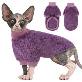 SUNFURA Sphynx Cat Sweater, Hairless Cats Turtleneck Pullover Kitten Sweaters for Cats Only, Warm and Soft Cat Pajamas Shirt with Sleeves Pet Winter Clothes Fleece Jumpsuit for Puppy, Purple L
