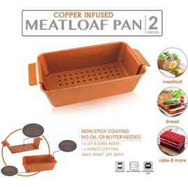 Ihanini Non-Stick Meatloaf Pan 2-Piece Healthy Meatloaf Pan Set Copper Coating With Removable Tray Drains Oven and Dishwasher Safe