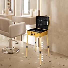 Barber Case Hairdresser Box Mobile Barber Station Professional Hairdressing Toolbox Portable Travel Makeup Train Cases with Support Legs for Storage Pushers Trimmers Blades Scissors (Gold)