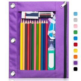 Forvencer Pencil Pouch for 3 Ring Binder, Binder Pencil Case with Smooth Zipper, Clear Window Pencil Case for Binder, Big Capacity 3 Ring Binder Pencil Bag with 3 Reinforced Grommets, Purple
