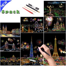SiYear Scratch Paper Rainbow Painting Sketch, City Series Night Scene,Scratch Painting Creative Gift,Scratchboard for Adult and Kids with 4 Tools