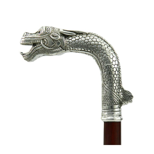 Stick in the Shape of a Dragon, Tin and Wood Handle, Made in Italy, Handicraft Art by Roberto Cava Gnini