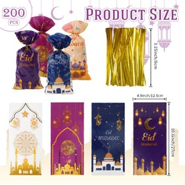 Ramadan Cellophane Treat Bags, 200 PCS Eid Mubarak Gift Bags, Plastic Eid Mubarak Ramadan Goodie Bags Candy Bags Cookie Bags with Twist Ties for Islam Muslim Eid Mubarak Ramadan Party Favor Supplies
