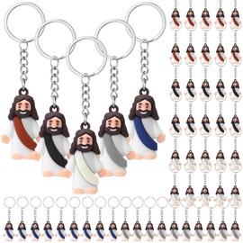 Sumind 48 Pcs Jesus Toys Figurine Christian Keychain Jesus Doll Religious Keychain Bulk Classic Christian Rings for Christ(Retro Color,White Skin Classic)