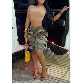 HuiSiFang Womens Camo Cargo Shorts Elastic High Waist Loose Fit Casual Shorts with Pockets