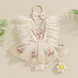 Infant Baby Girl Romper Embroidery Flower Lace Baby Tutu Dress Romper Baby Girl Festival Clothes with Bow Headband (Beige, 18-24 Months)