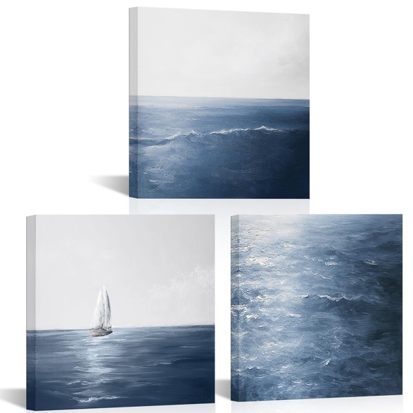 AoArtWZ 3 Pieces Blue Ocean Canvas Wall Art Abstract Nautical