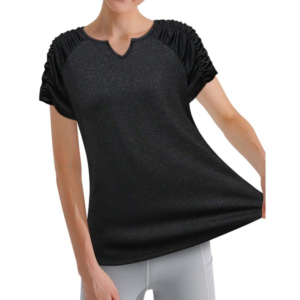 Vldnery V Neck T-Shirts for Women Pleated Short Sleeve Casual