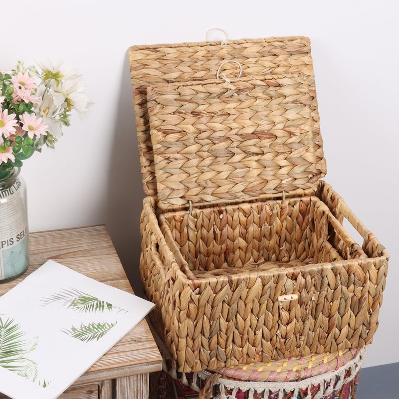 FEIALNDUO Wicker Shelf Baskets with Lid, Seagrass Storage Hamper Basket