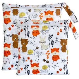 TRASUN Wetbag Nursery Wet Bag Nappy Bags Swimming Equipment Wet and Dry Changing Bag Pack of 2, Forest Animals2, M, Pack sack