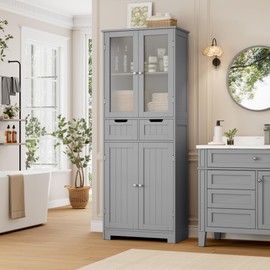 HORSTORS 67" Tall Bathroom Storage Cabinet, Freestanding Linen Cabinet with Glass Door and Shelves, Kitchen Pantry with 2 Drawers for Bathroom, Living Room, Dining Room, Grey