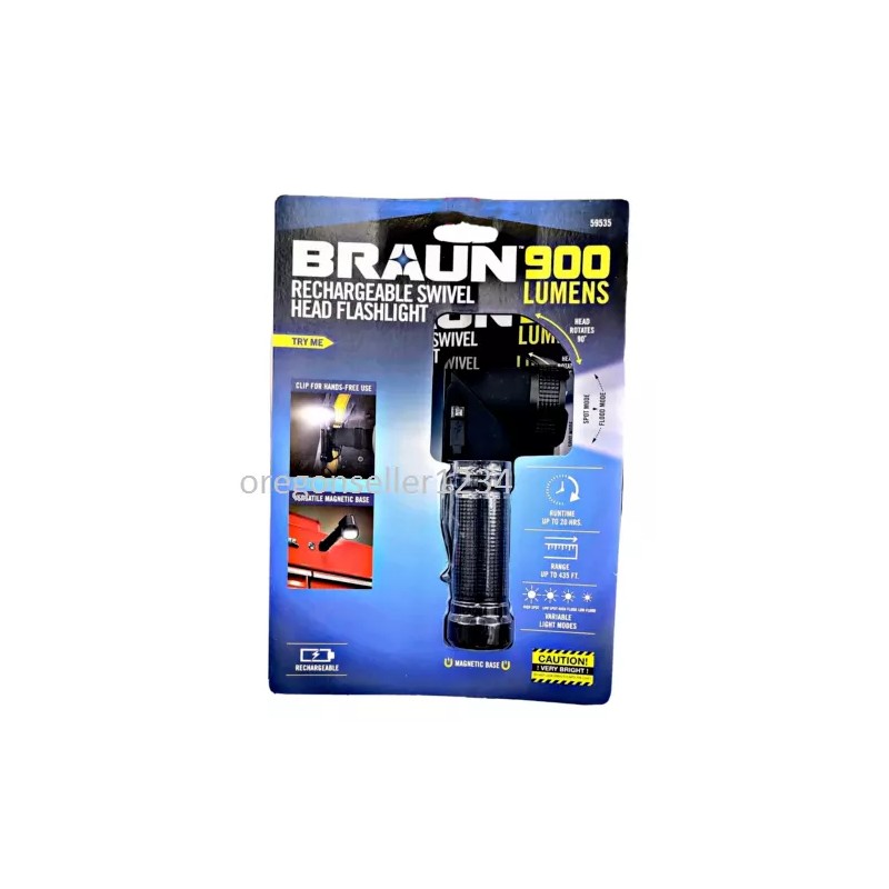 BRAUN 900 Lumen Rechargeable Swivel Head LED Flashlight Spot Light