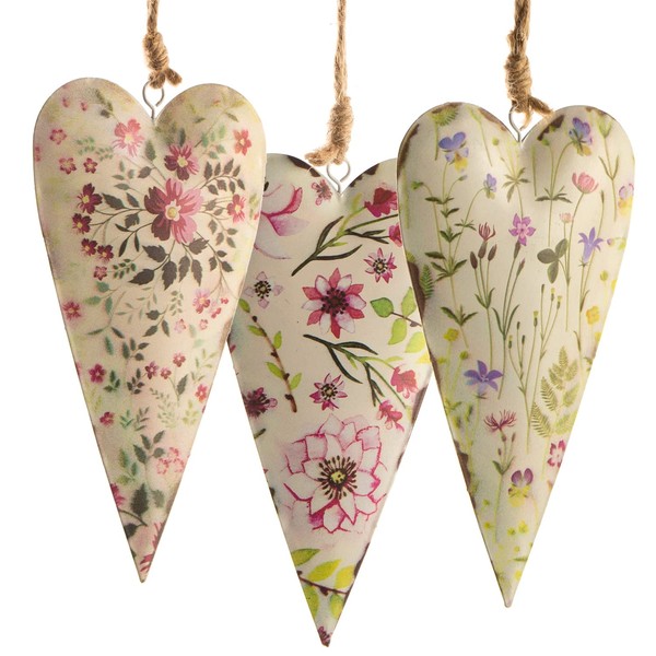 Logbuch-Verlag 3 Metal Hearts for Hanging with Flowers Beige Pink Green - Heart Pendant Made of Metal Vintage 17 cm Gift