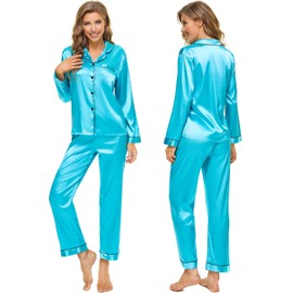 SWOMOG Womens Silk Satin Pajamas Set Long Sleeve Button Down Sleepwear 2 Piece Lounge Set Pj Set XS-3XL Cyan Small