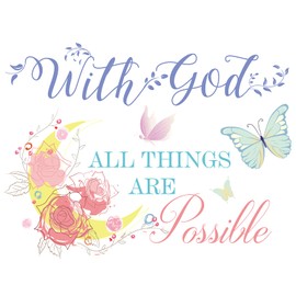 Colorful Bible Verse Wall Decals, with God All Things are Possible Wall Decor, Vinyl Inspirational Wall Quotes Stickers 20.8 x 15.7 Inch, Flower Butterfly Wall Decal for Bedroom, Living Room