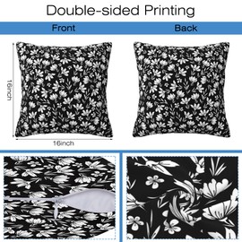 Naqiuli Throw Pillow Covers Small Flowers in White and Black Pillow Covers 16x16 Inch Set of 2 Vintage Flower Throw Pillows Decorative Pillow Cases Cushion Covers for Bedroom Livingroom Sofa