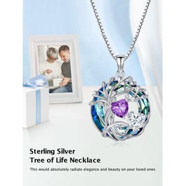 TOUPOP s925 Sterling Silver Family Tree of Life Pendant Necklaces with 2 Heart Birthstone with Crystal Jewellery Birthday Christmas Gifts for Women Her, Sterling Silver, Cubic Zirconia