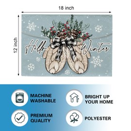 Croar Hello Winter Mitten Placemats Set of 4, Glove Red Berry Pine Cone Plaid Bow Snowflake Dining Place Mats Table Decor, Christmas Seasonal Home Kitchen Decoration 12 x 18 Inch