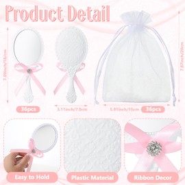 Beeveer 36 Sets Vintage Handheld Mirror Gift Bulk Plastic Retro Handle Mirror with Embossed Flower Hand Mirrors Decorated with Ribbon Rhinestone White Organza Gift Bags for Girls Party Wedding Favors