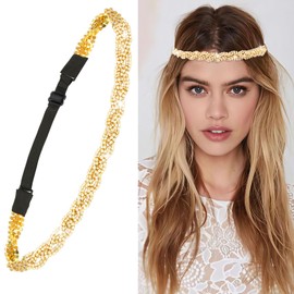 Tihebax Gold Adjustable Rhinestone Headband for Women, Elastic Gold Headpiece with Rhinestones, Crystal Braided Chain 70s Headbands for Women, Disco, Parties, Daily Decor