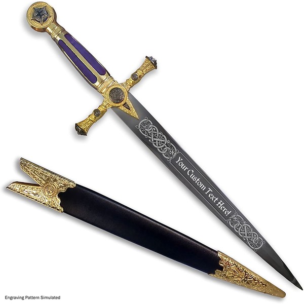 Strongblade Custom Engraved Masonic Short Sword with Red or Blue Handle and Optional Decorative Celtic Border Pattern