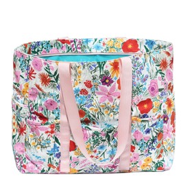 ESVAN Utility Tote Bag Weekender Duffle Bag with 13 Pockets - Perfect for Travel, Work, Gym, Beach, Teachers, and Nurses (Corduroy Pink Flower)