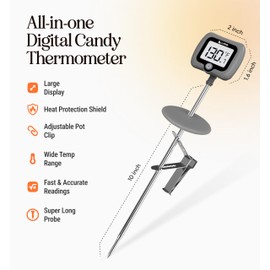 Digital Candy Thermometer with Pot Clip, 10" Long Stainless Steel Probe, Instant Read Kitchen Thermometer for Cooking, Baking, and Candy Making (Grey)