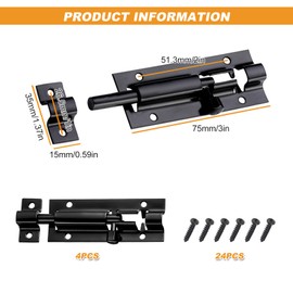 Door Lock Bolt, 4 Pack 3 Inch Door Security Slid Latch Lock, Barrel Bolt Stainless Steel Sliding, Door Latch Lock with Screws, Heavy Duty Door Security Bolts for Home Yard Garden(Black)