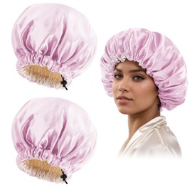 Edoneery Silk Bonnet for Sleeping Women, Ajustable Double Layer Satin Bonnet for Curly Hair(2Pcs Pink)