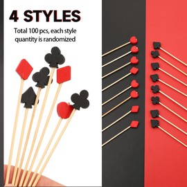 100 PCS Casino Cocktail Picks, Bamboo Poker Toothpicks, Appetizer Toothpicks for Party Food Fruits Dessert, Black and Red Poker Cocktail Toothpicks Decoration for Appetizers